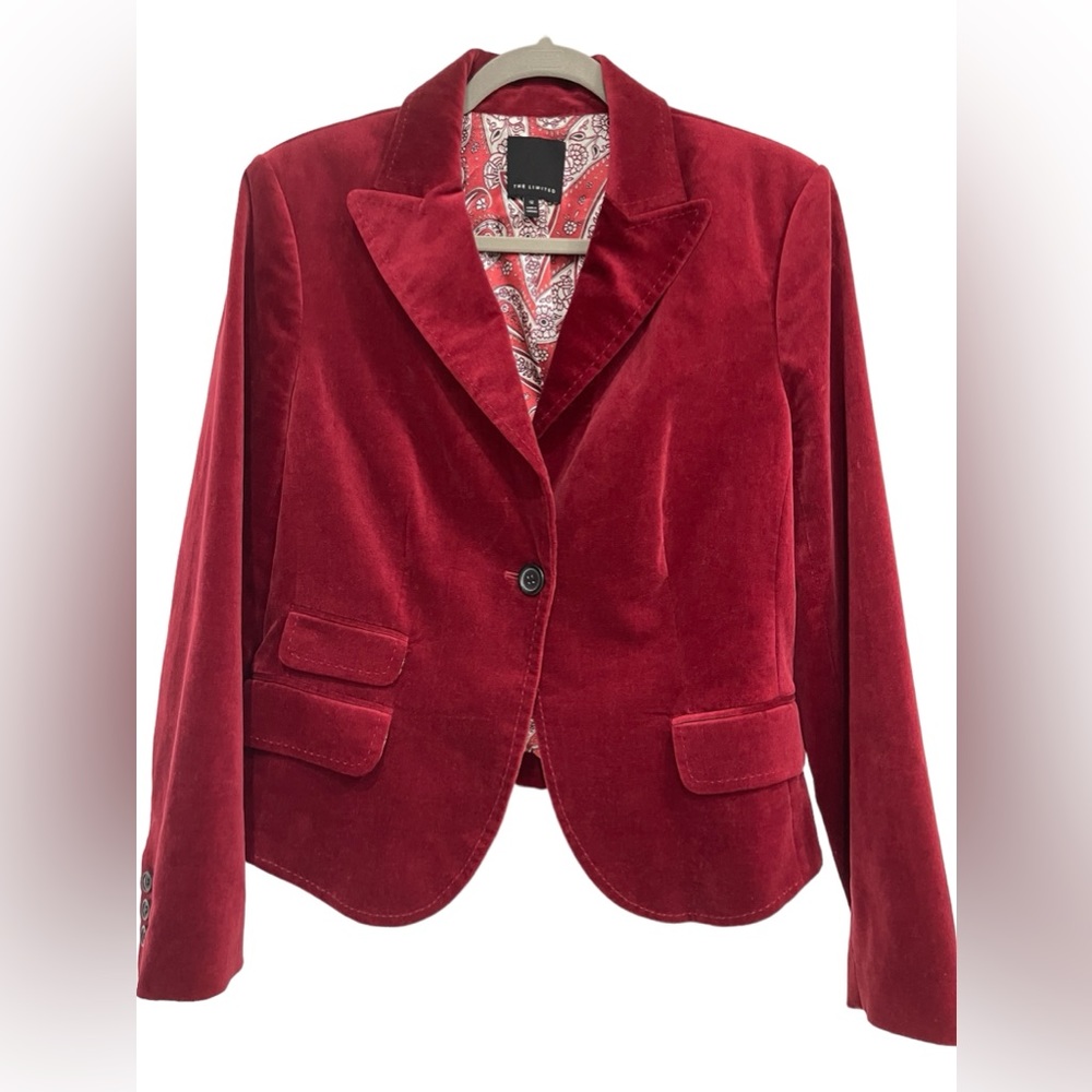 The Limited Dark Red Velvet Blazer Pockets One Button Paisley Lining Sz 12